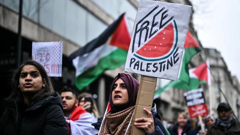 A protest scene with a diverse group of people, including a woman in a headscarf holding a sign that says "Free Palestine" with a stylized drawing of a watermelon slice. Behind her, Palestinian flags are visible, and the people around her also hold various signs.