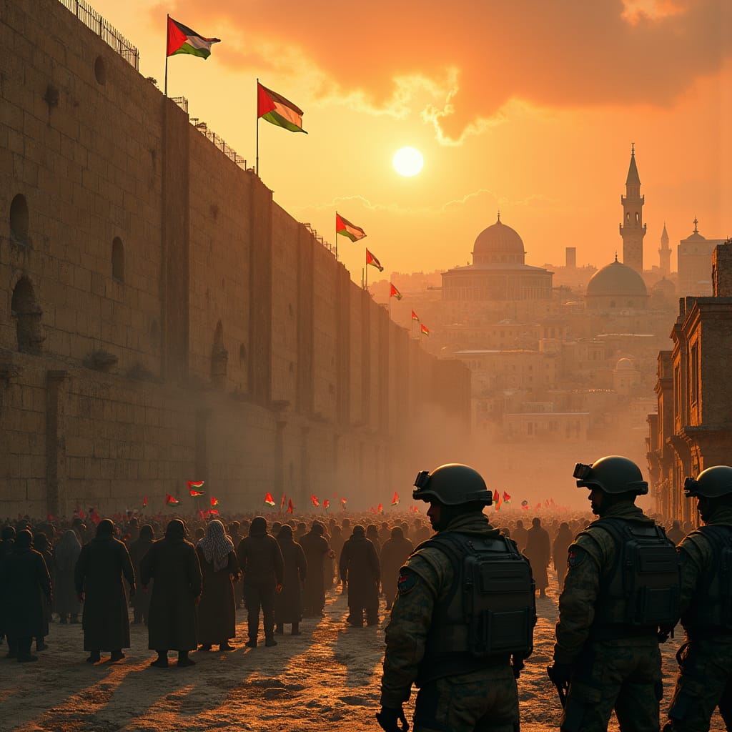 Silhouetted soldiers stand guard as a crowd gathers beneath Palestinian flags along a fortified wall at sunset, with a hazy cityscape featuring mosques and minarets in the background, symbolizing the ongoing Palestine-Israel conflict.
